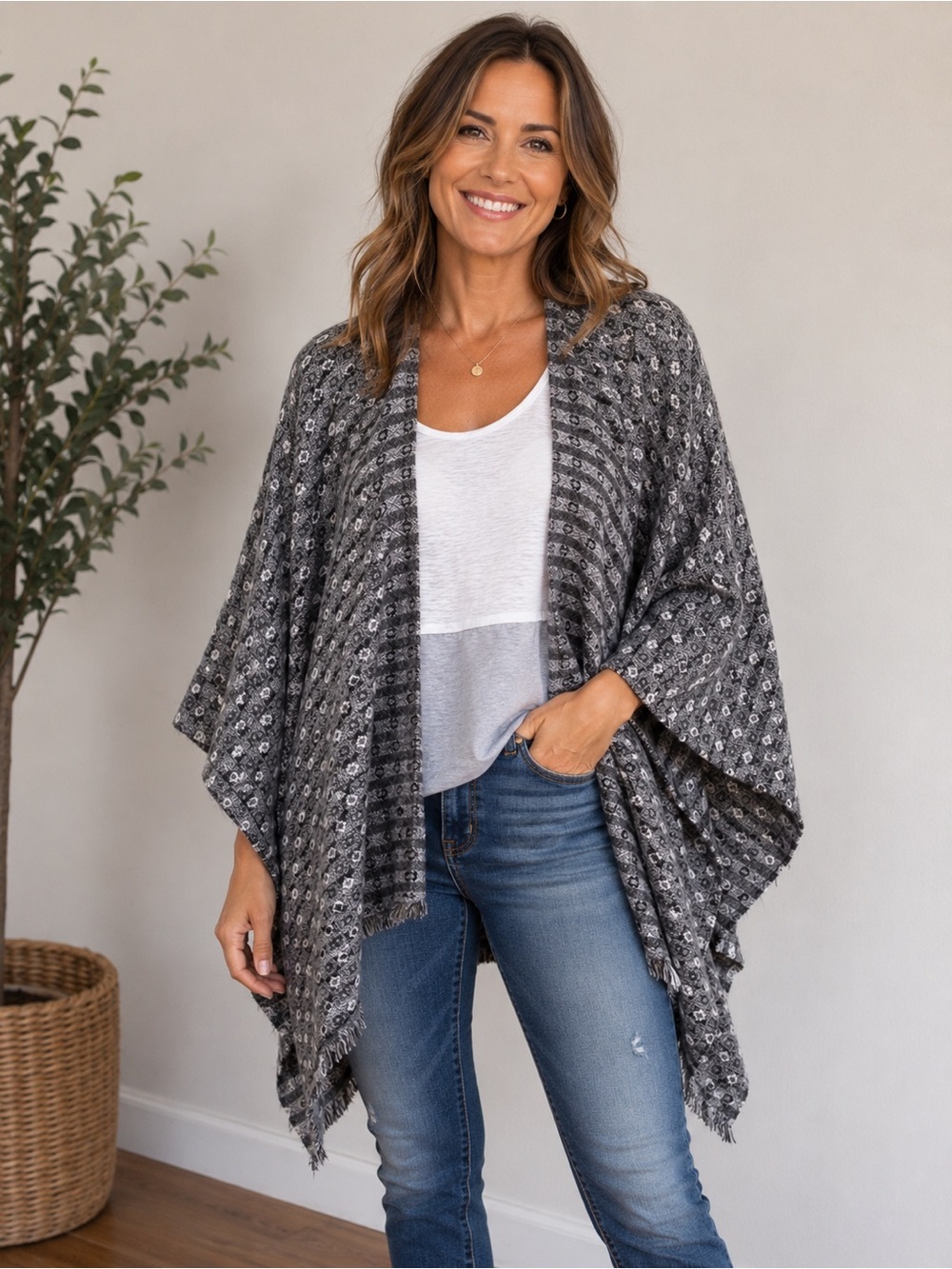 Eileen Fisher Black White Cotton Blend Patterned Poncho Wrap Cardigan Kimono